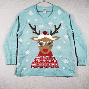 Holiday Time Reindeer Sweater Light Up Face Aqua Blue Knit Christmas 3X